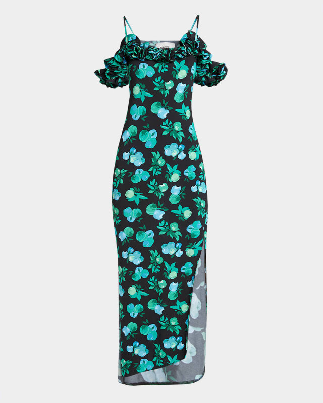Apple-Print Ruffle Off-The-Shoulder Midi Dress